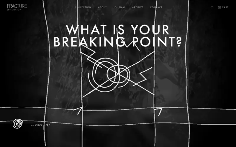 The rebuilt Fracture By Design home page: white hand-drawn lines on black under the headline “What is your breaking point?”